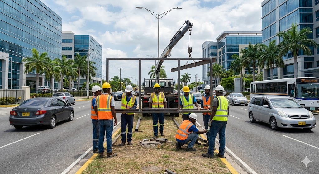 Engineers reviewing plans for static billboard construction in Jamaica