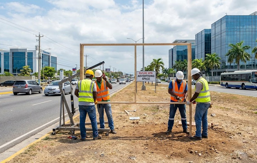 Steel structure being assembled for static billboard construction
